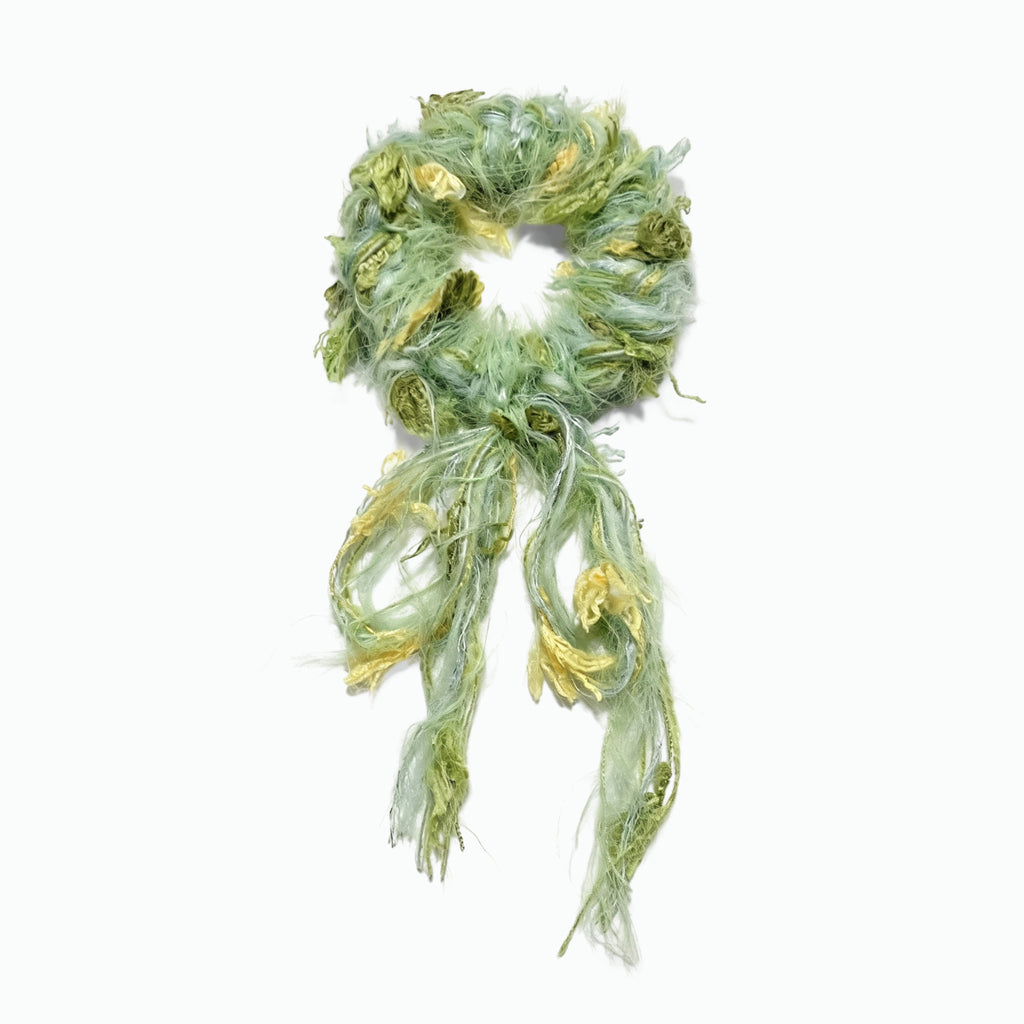 Sea-green mohair scrunchie with daisy-yellow fringe by Tide Tie