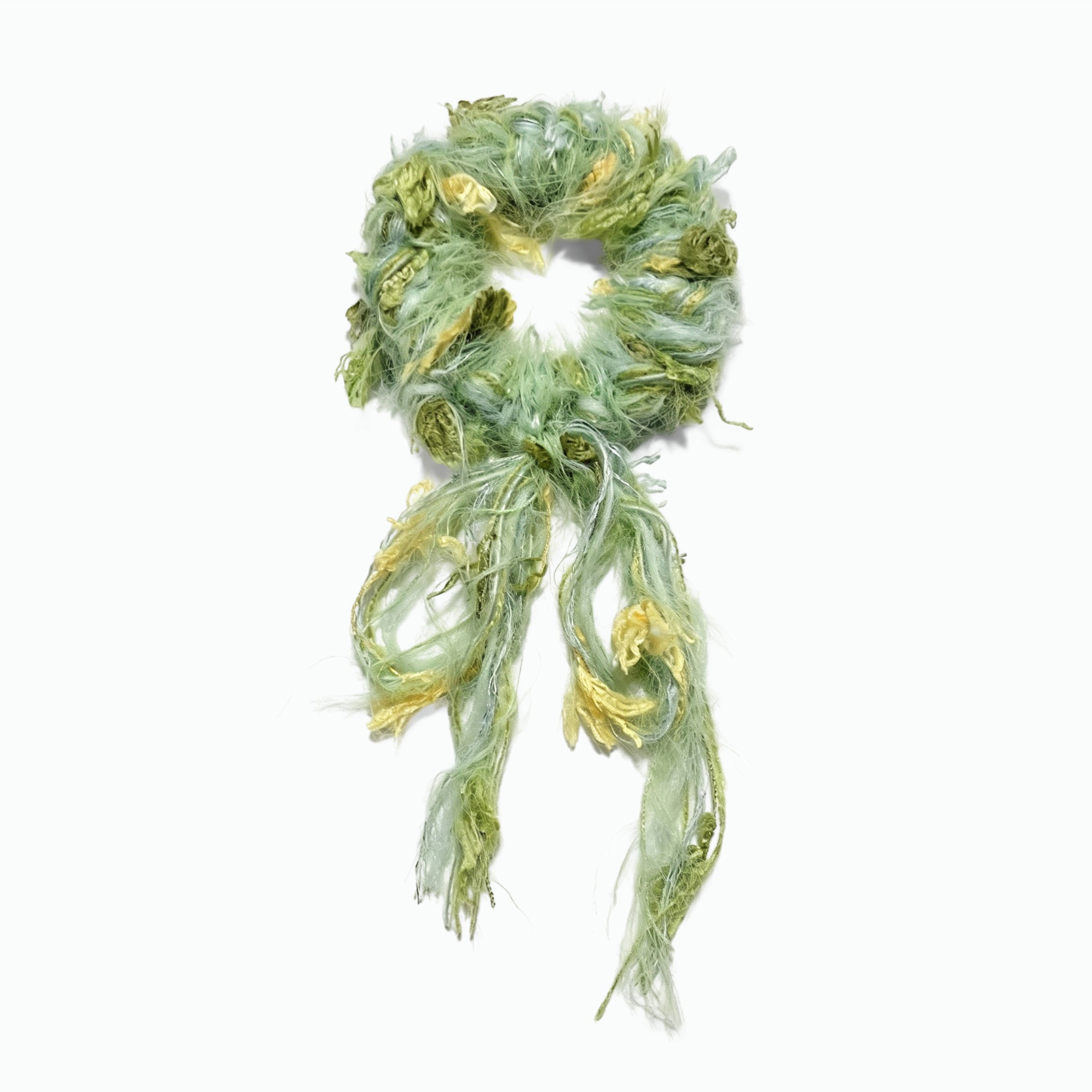 Sea-green mohair scrunchie with daisy-yellow fringe by Tide Tie
