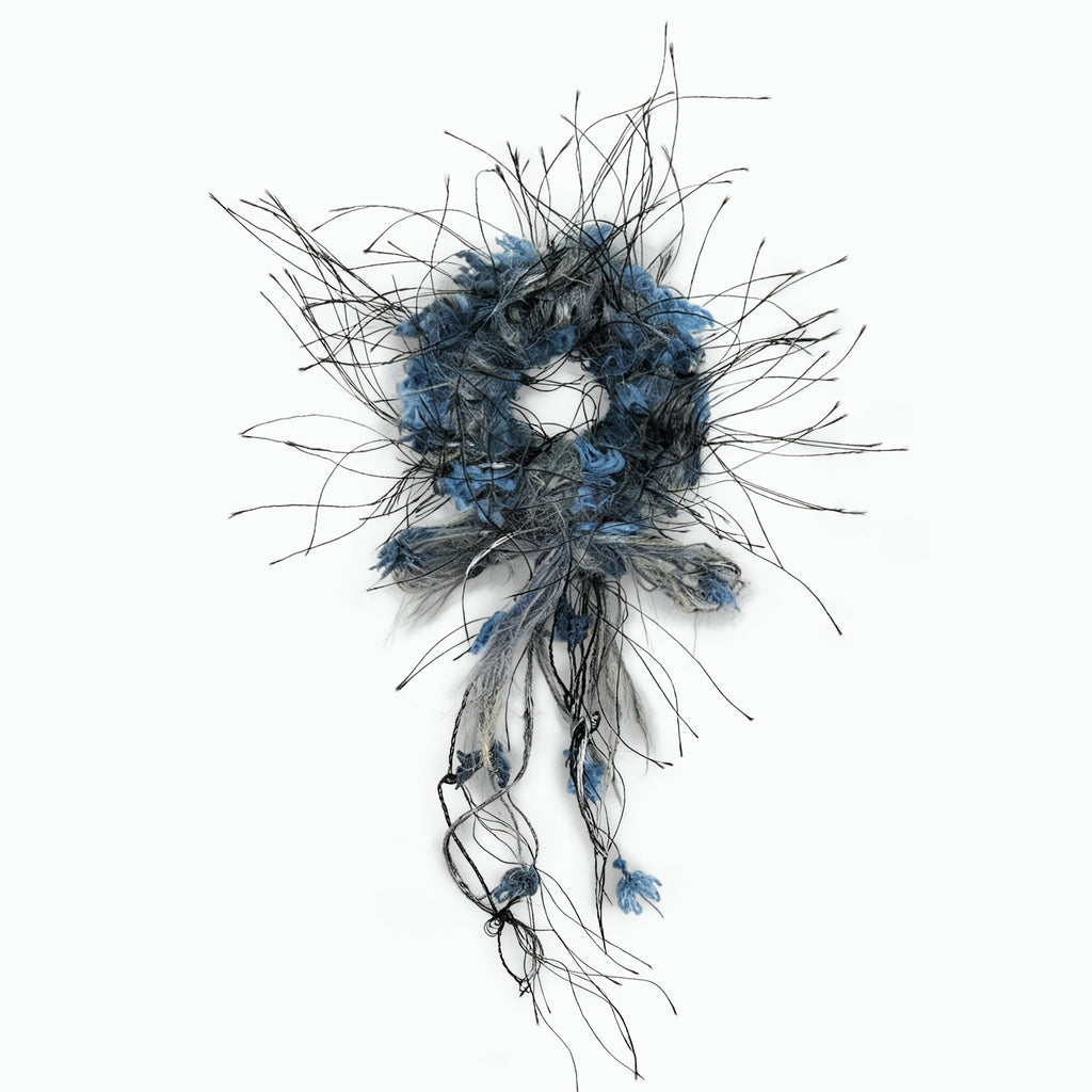 Blue-grey mohair yarn scrunchie with tassels by Tide Tie