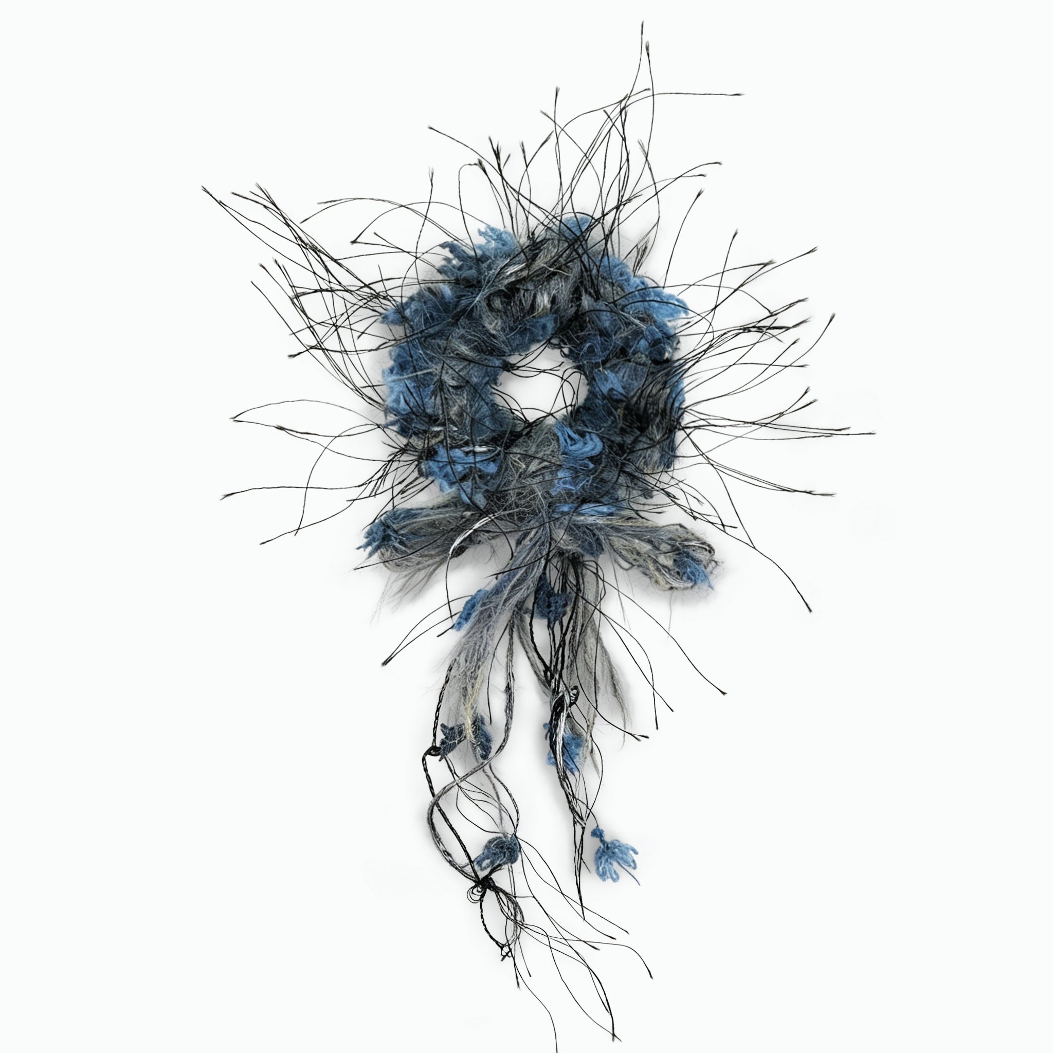Blue-grey mohair yarn scrunchie with tassels by Tide Tie