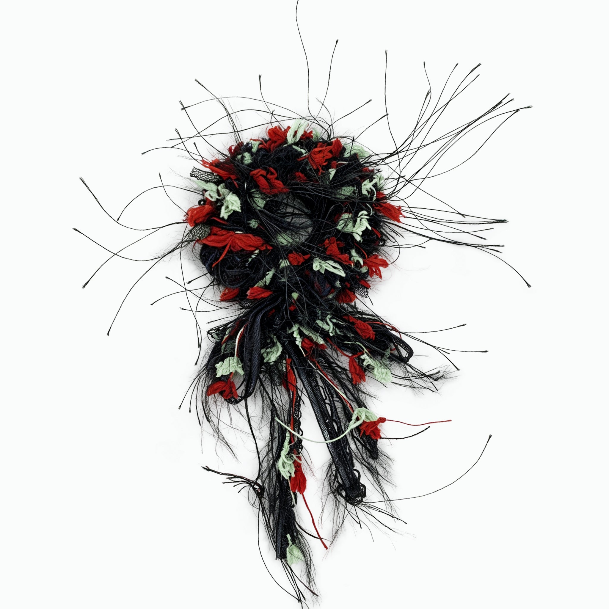 Deep crimson wool scrunchie with black fringe by Tide Tie
