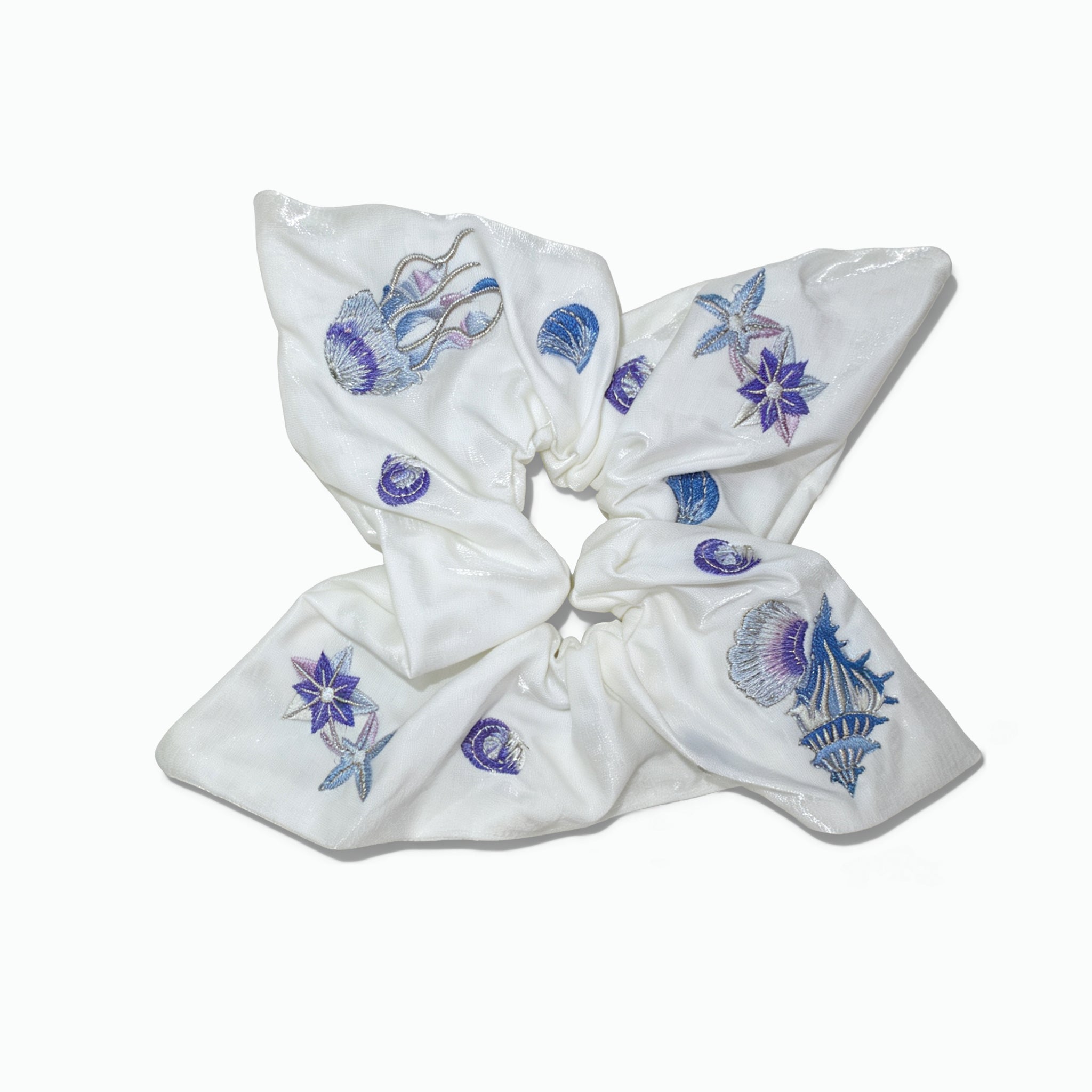 Pearl-white satin scarf tie with embroidered seashells by Tide Tie