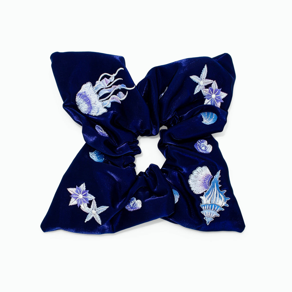 Midnight-blue satin scarf tie with silver sea-creature embroidery by Tide Tie