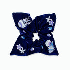 Midnight-blue satin scarf tie with silver sea-creature embroidery by Tide Tie