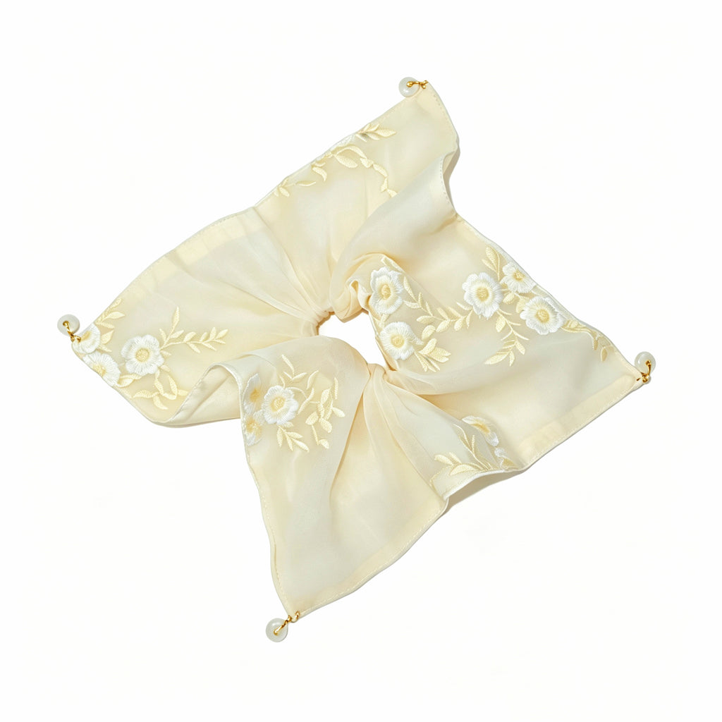 Sand-toned silk scarf tie with daisy embroidery and beads by Tide Tie