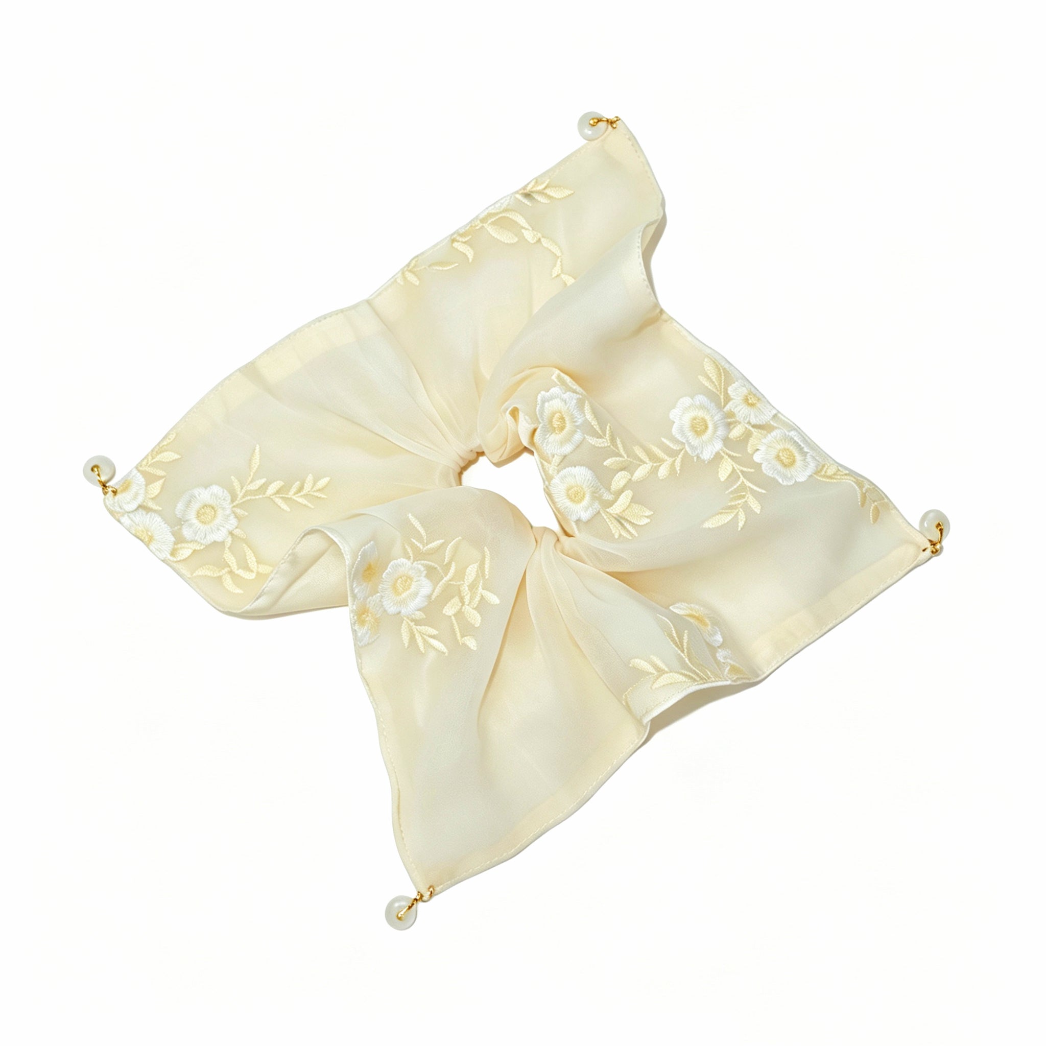Sand-toned silk scarf tie with daisy embroidery and beads by Tide Tie