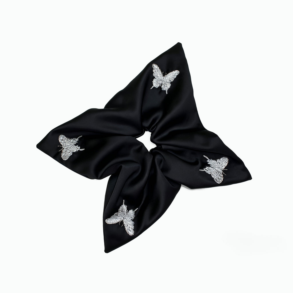 Midnight satin scarf tie with silver butterfly embroidery by Tide Tie
