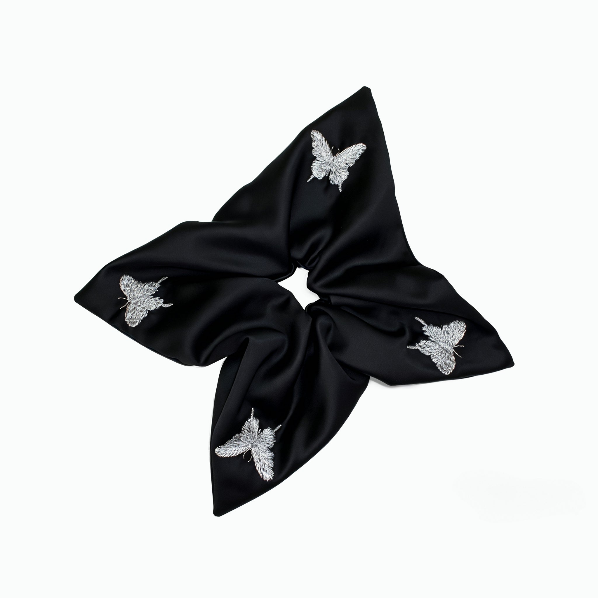 Midnight satin scarf tie with silver butterfly embroidery by Tide Tie