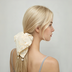 Sand-toned silk scarf tie with daisy embroidery and beads by Tide Tie