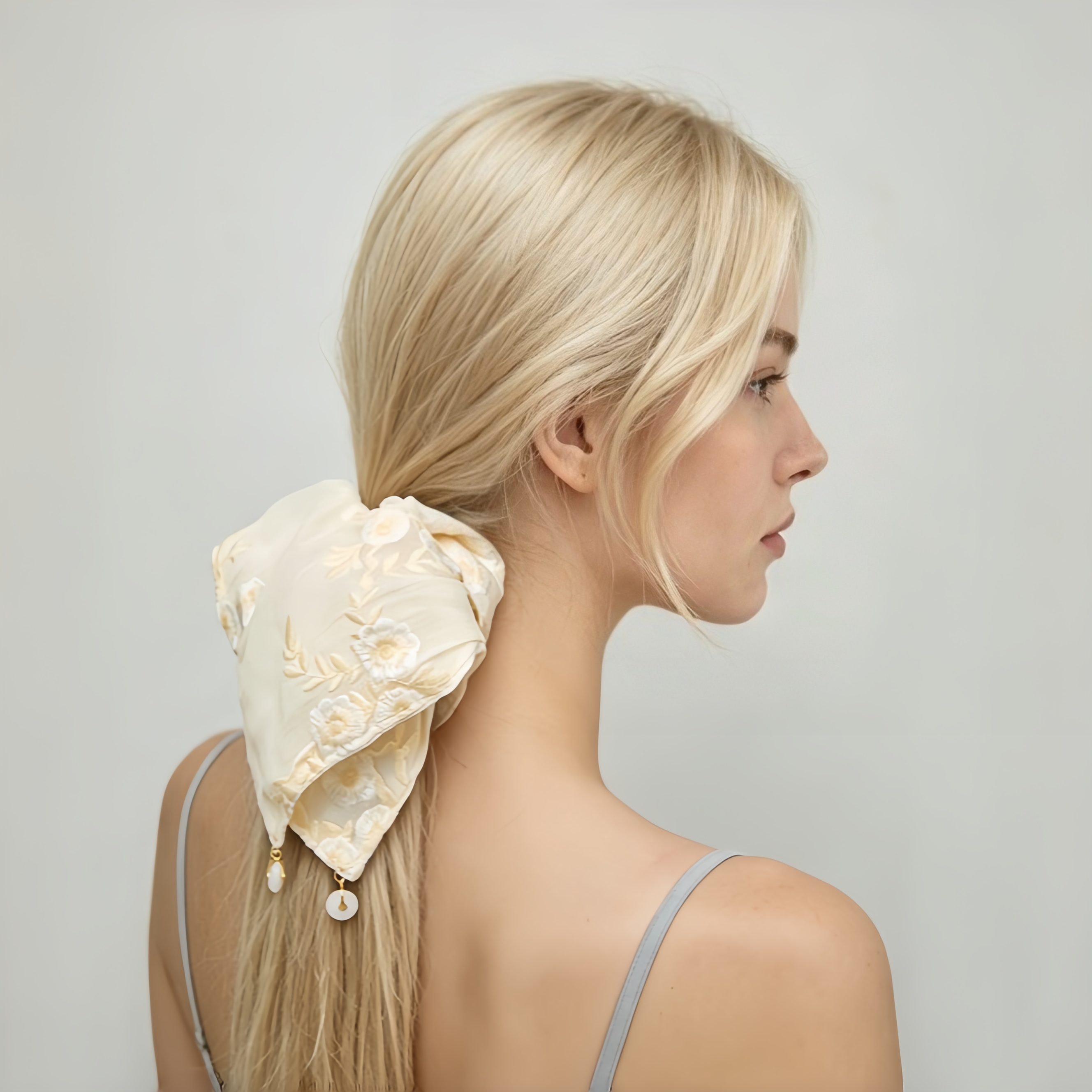 Sand-toned silk scarf tie with daisy embroidery and beads by Tide Tie