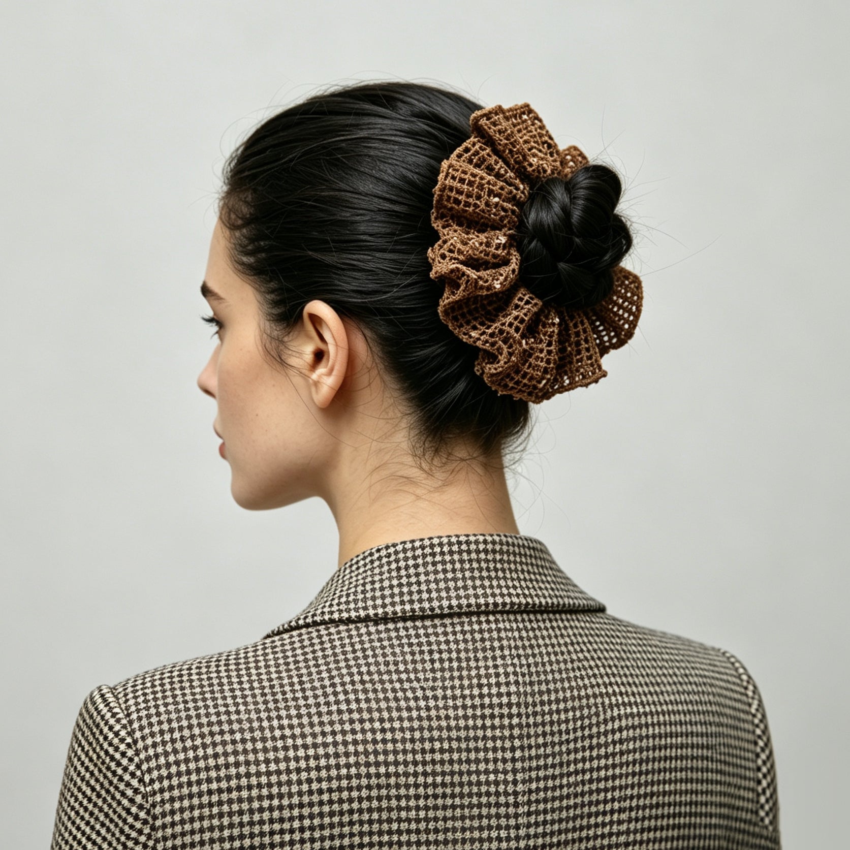 Champagne gold open-knit crochet scrunchie with pearls by Tide Tie