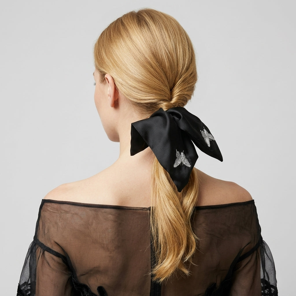 Midnight satin scarf tie with silver butterfly embroidery by Tide Tie