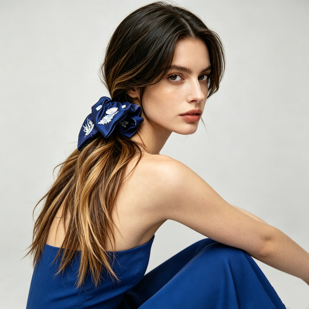 Midnight-blue satin scarf tie with silver sea-creature embroidery by Tide Tie