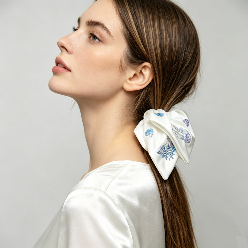Pearl-white satin scarf tie with embroidered seashells by Tide Tie
