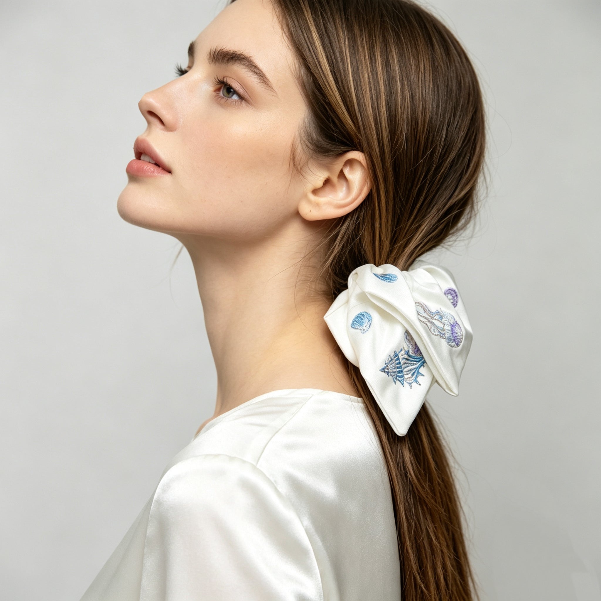 Pearl-white satin scarf tie with embroidered seashells by Tide Tie