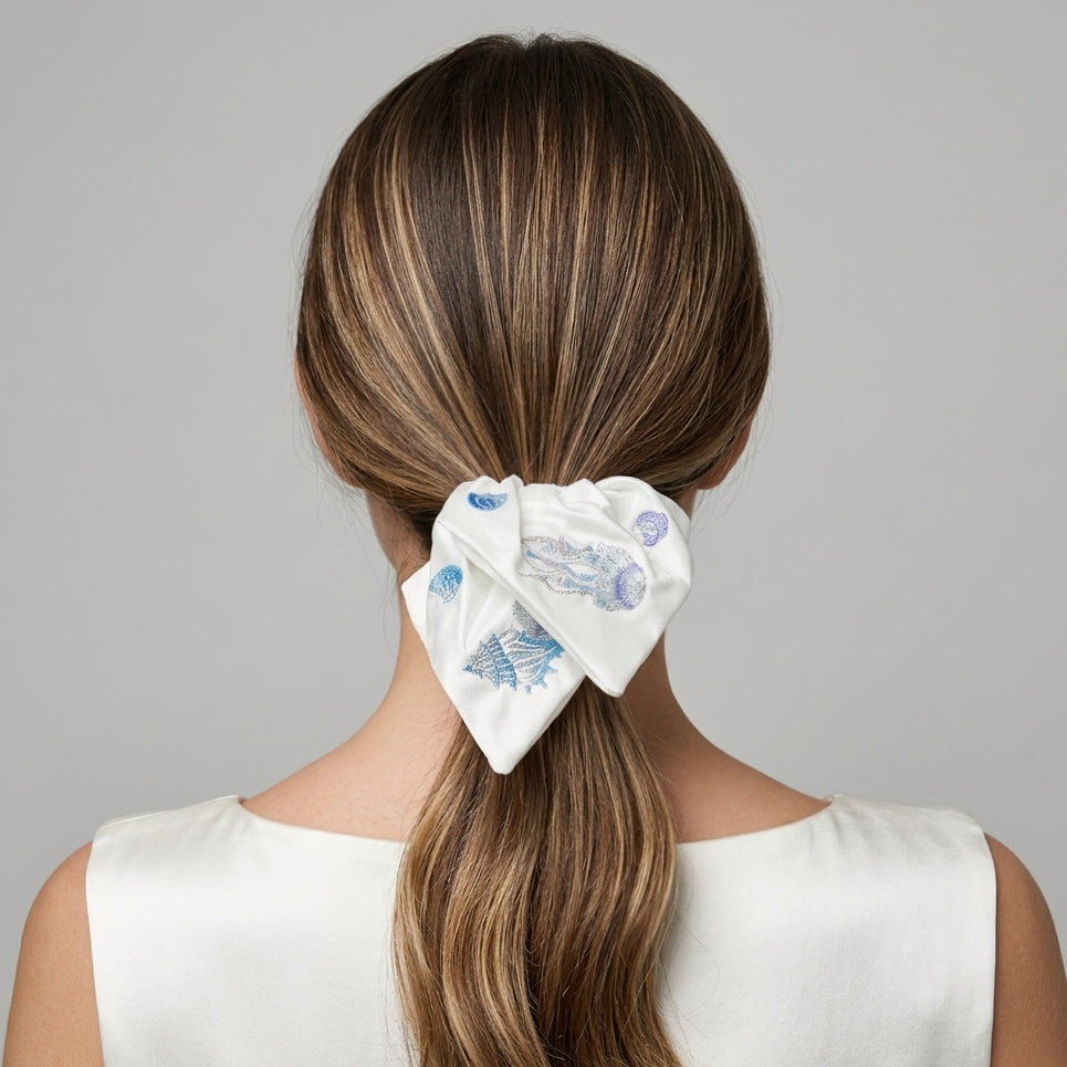 Pearl-white satin scarf tie with embroidered seashells by Tide Tie