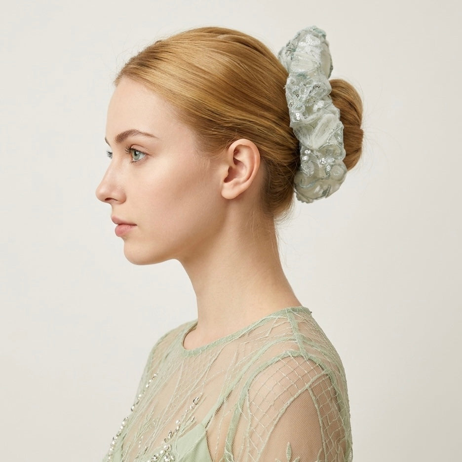 Mint seafoam tulle scrunchie with floral sequin embroidery by Tide Tie