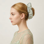 Mint seafoam tulle scrunchie with floral sequin embroidery by Tide Tie