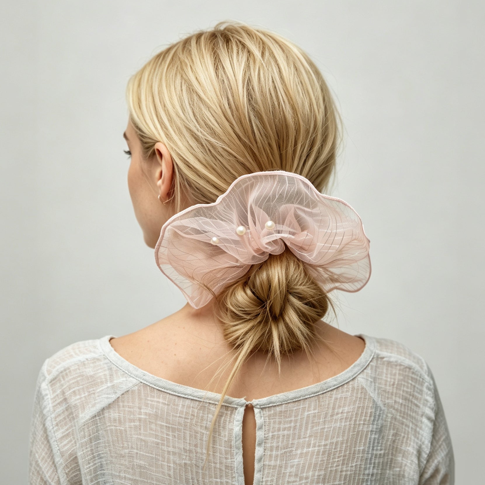 Twilight pink tulle scrunchie with pearls by Tide Tie