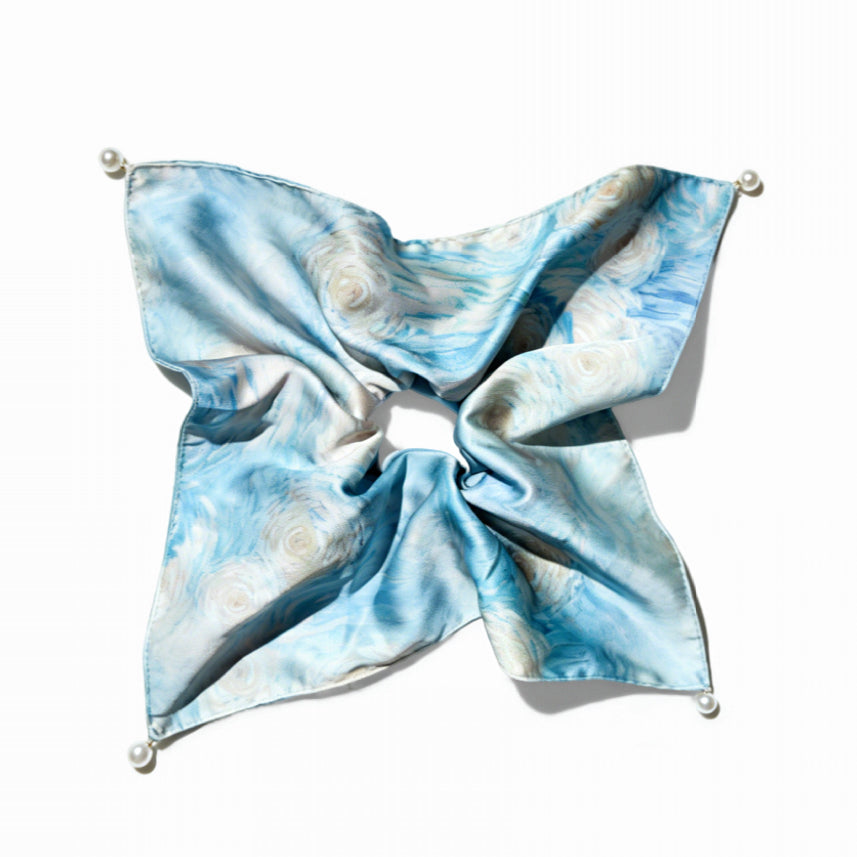 Ocean-blue satin scarf tie with pearl drape by Tide Tie