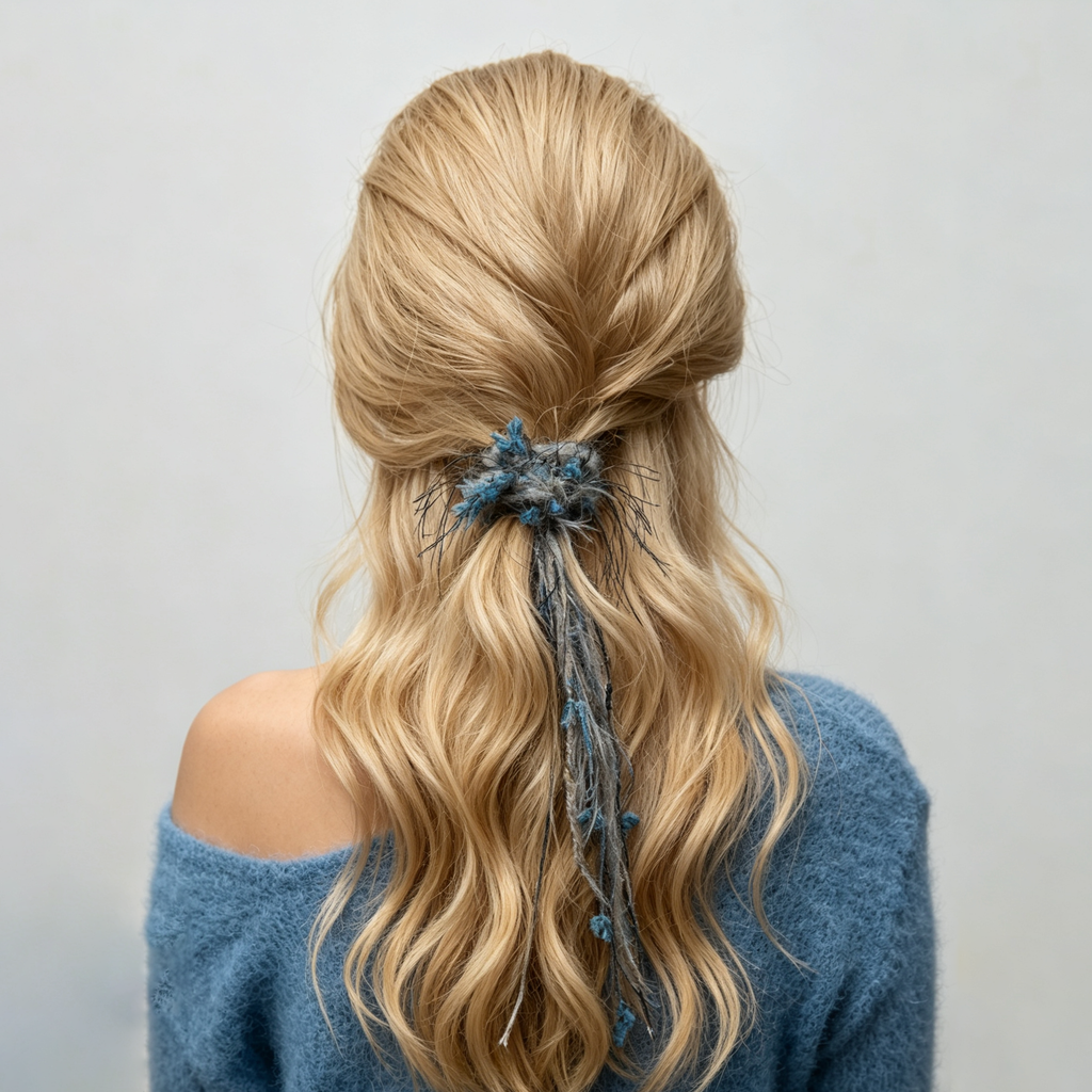 Blue-grey mohair yarn scrunchie with tassels by Tide Tie