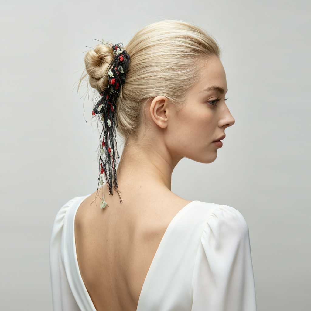Deep crimson wool scrunchie with black fringe by Tide Tie